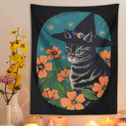 Witchcraft gray tabby cat tapestry wall hanging bedroom decor