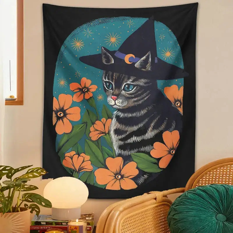 Witchcraft gray tabby cat tapestry wall hanging bedroom decor
