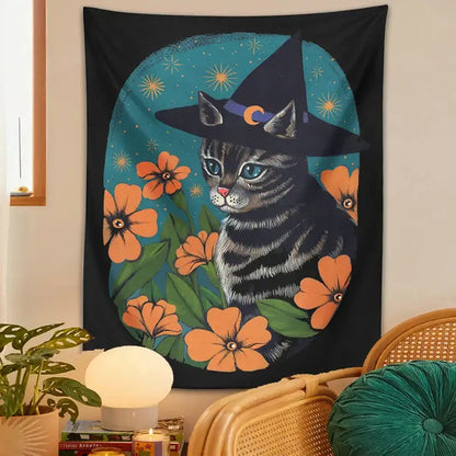 Witchcraft gray tabby cat tapestry wall hanging bedroom decor