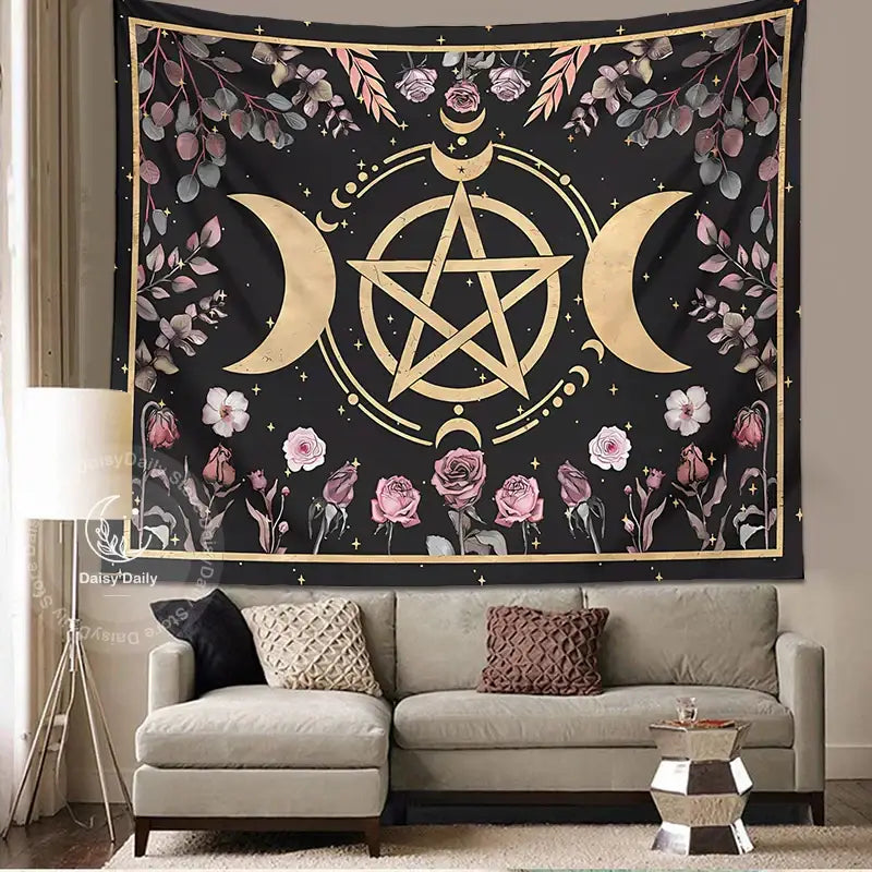 Witchy black and gold botanical floral moon tapestry living room decor