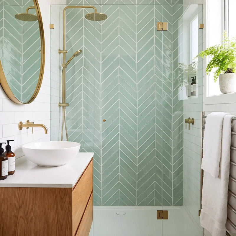 Sage Jade Glossy Chevron Ceramic Tiles 2x6