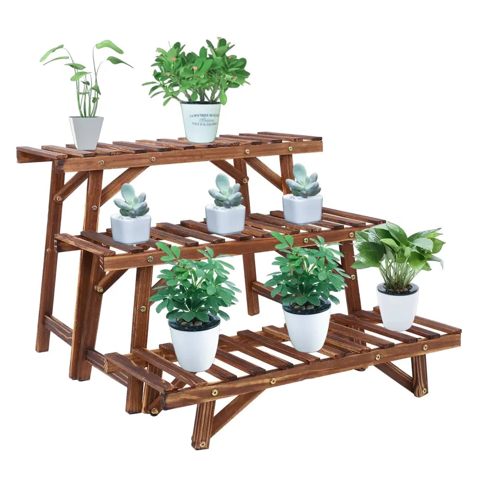 Rustic wood ladder 3 tier plant stand living room slatted shelf