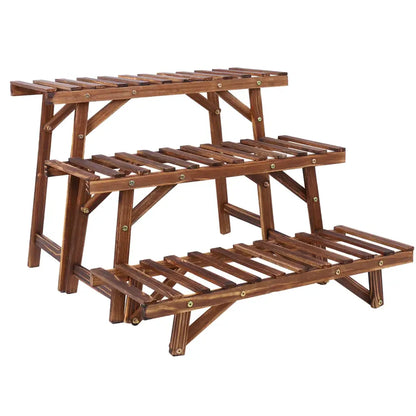 Rustic wood ladder 3 tier plant stand living room slatted shelf