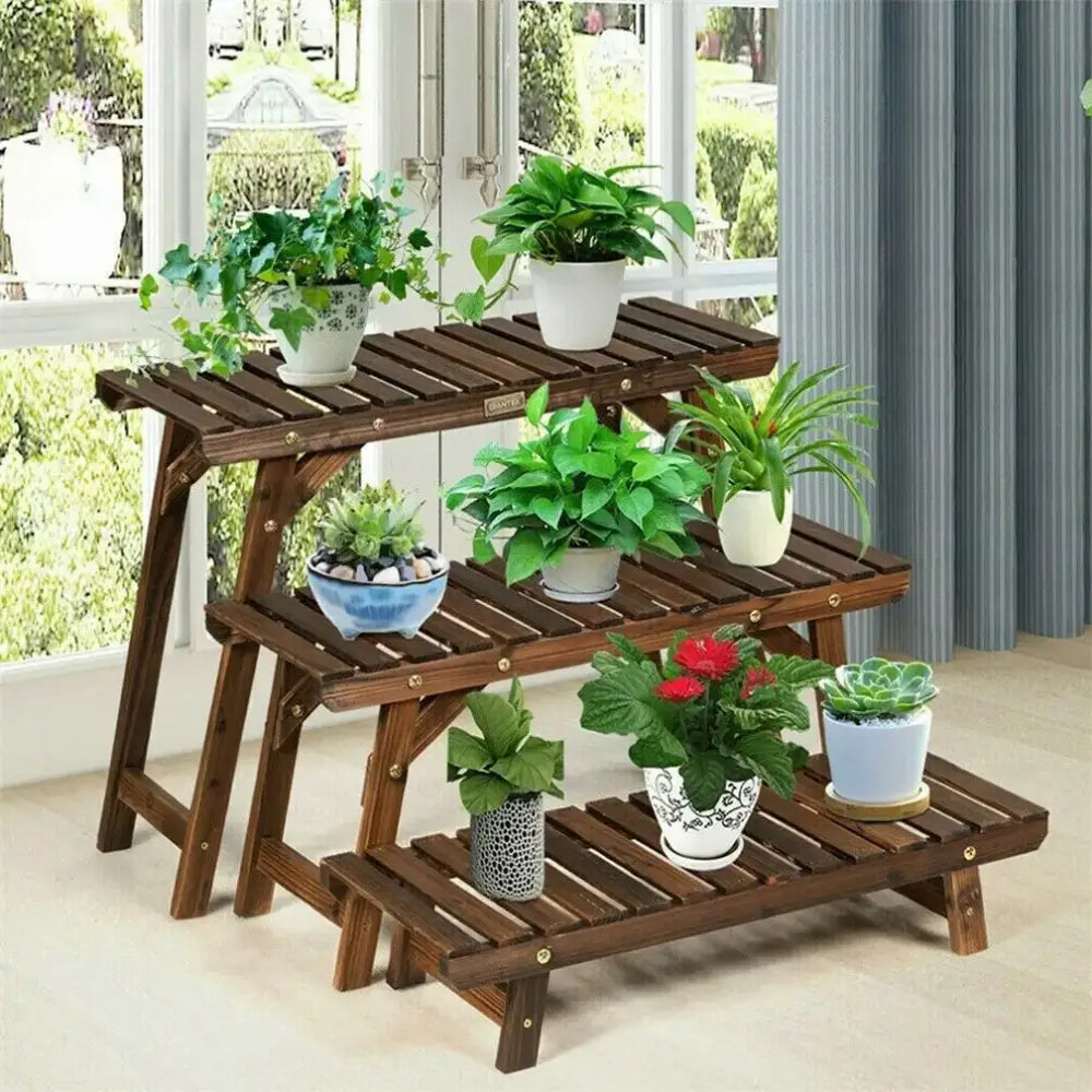 Rustic wood ladder 3 tier plant stand living room slatted shelf