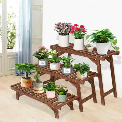 Rustic wood ladder 3 tier plant stand living room slatted shelf