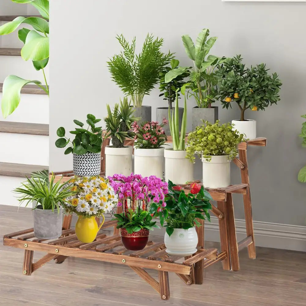 Rustic wood ladder 3 tier plant stand living room slatted shelf
