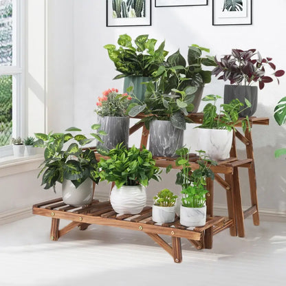 Rustic wood ladder 3 tier plant stand living room slatted shelf