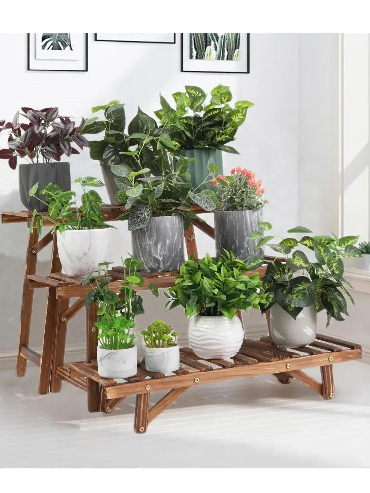 Rustic wood ladder 3 tier plant stand living room slatted shelf