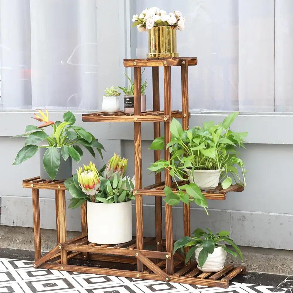 6 tier natural wood plant stand shelf for living room display