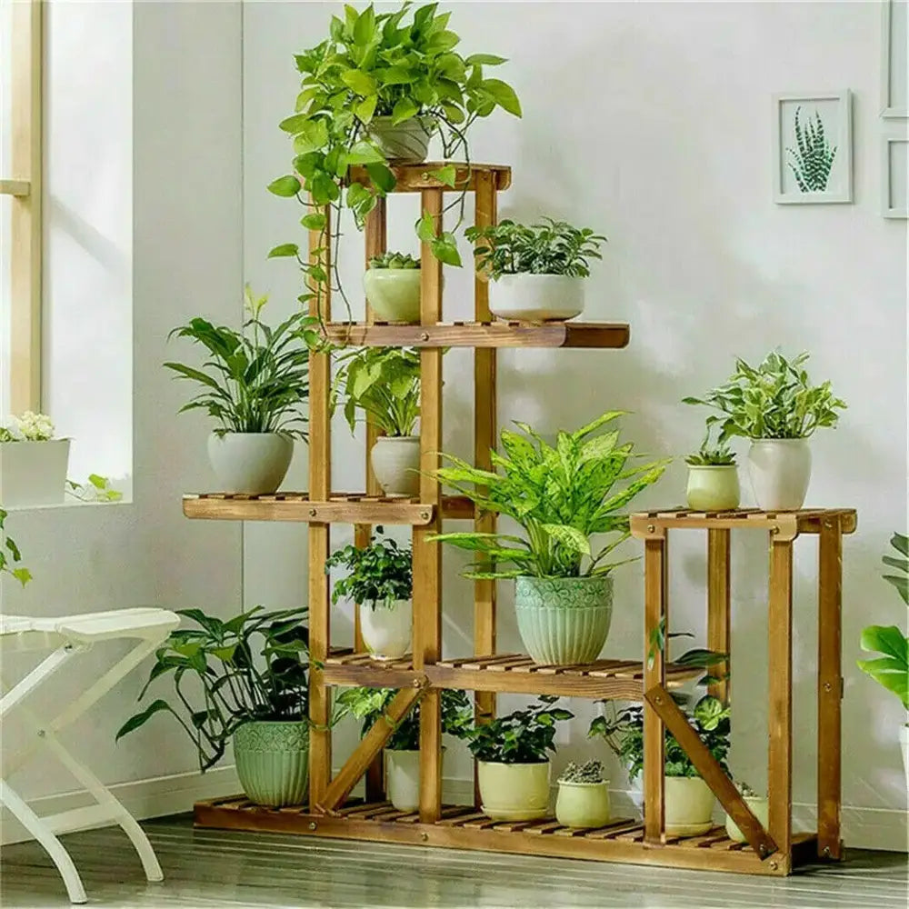 6 tier natural wood plant stand shelf for living room display