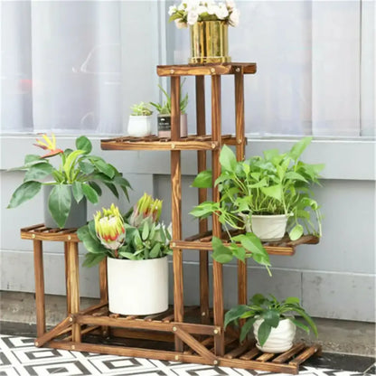 6 tier natural wood plant stand shelf for living room display