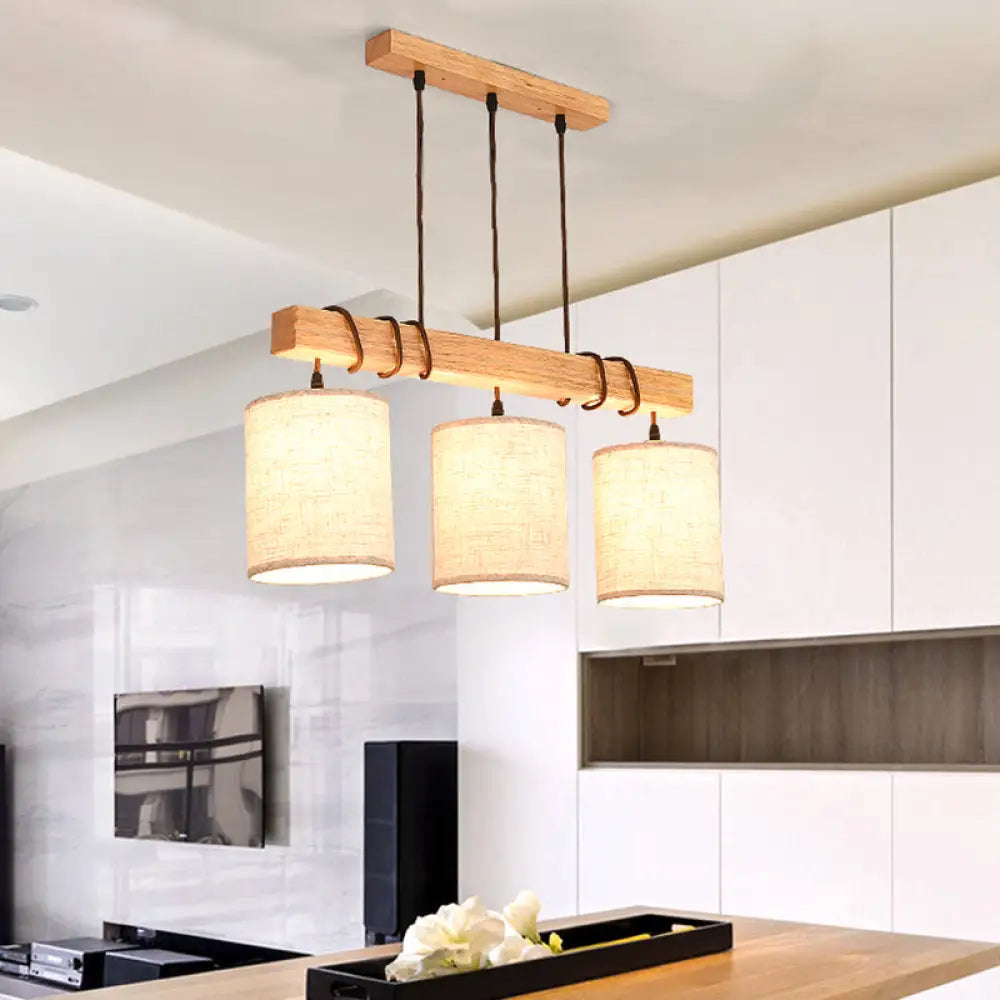DecorBites™ Wooden 3-Head Fabric Island Pendant Light for Modern Dining Rooms