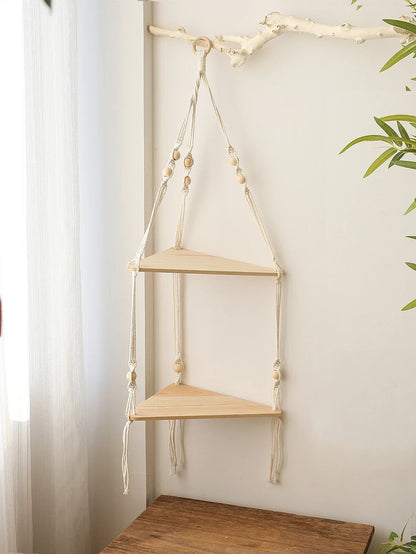 DecorBites™ Wooden Corner Shelf with Macrame - Boho Wall Decor