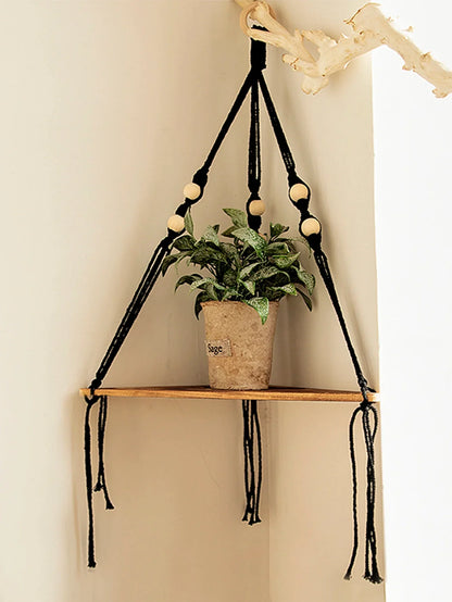 DecorBites™ Wooden Corner Shelf with Macrame - Boho Wall Decor