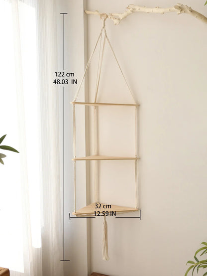 DecorBites™ Wooden Corner Shelf with Macrame - Boho Wall Decor