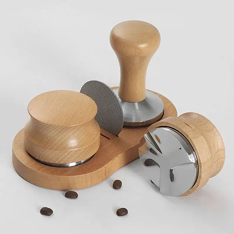 Wooden espresso distributor tamper with stainless steel puck screen kitchen set