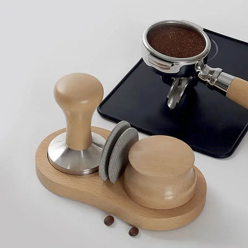 Wooden espresso distributor tamper with stainless steel puck screen kitchen set