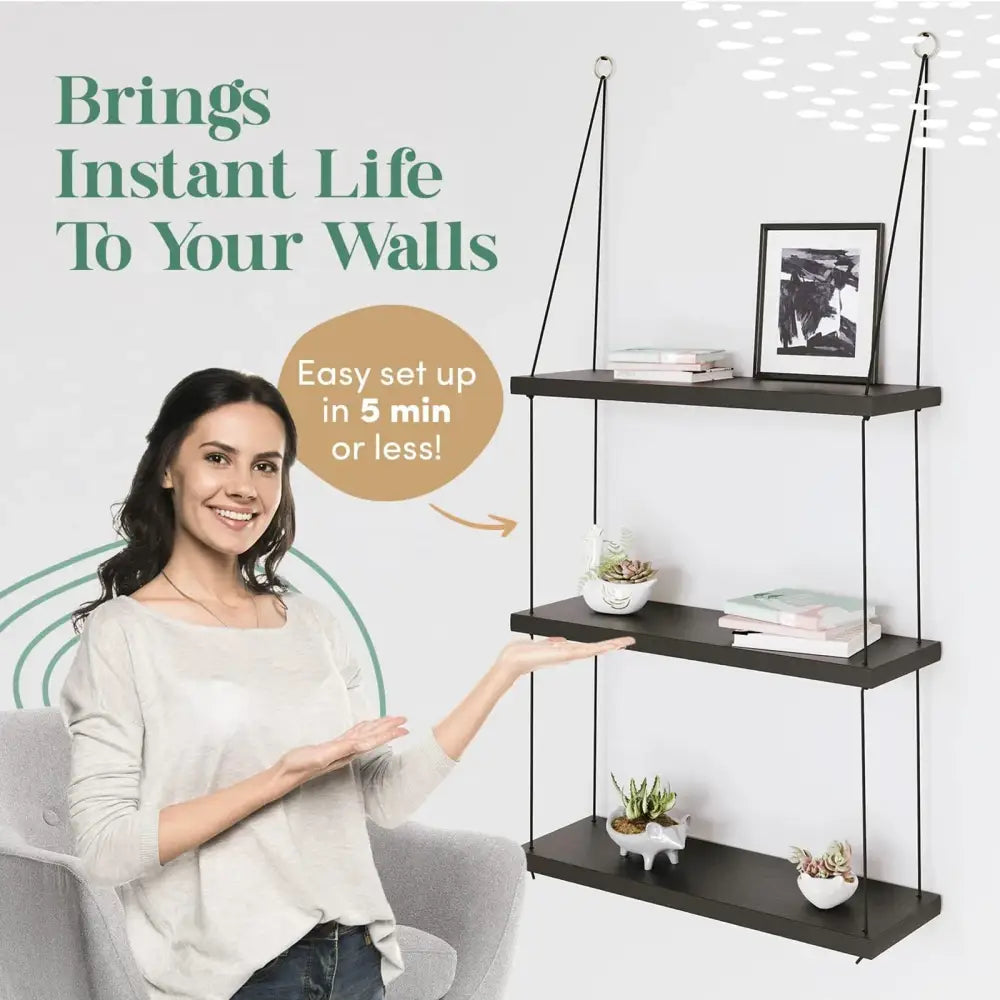 Boho brown wooden 3 tier floating shelf bedroom wall decor