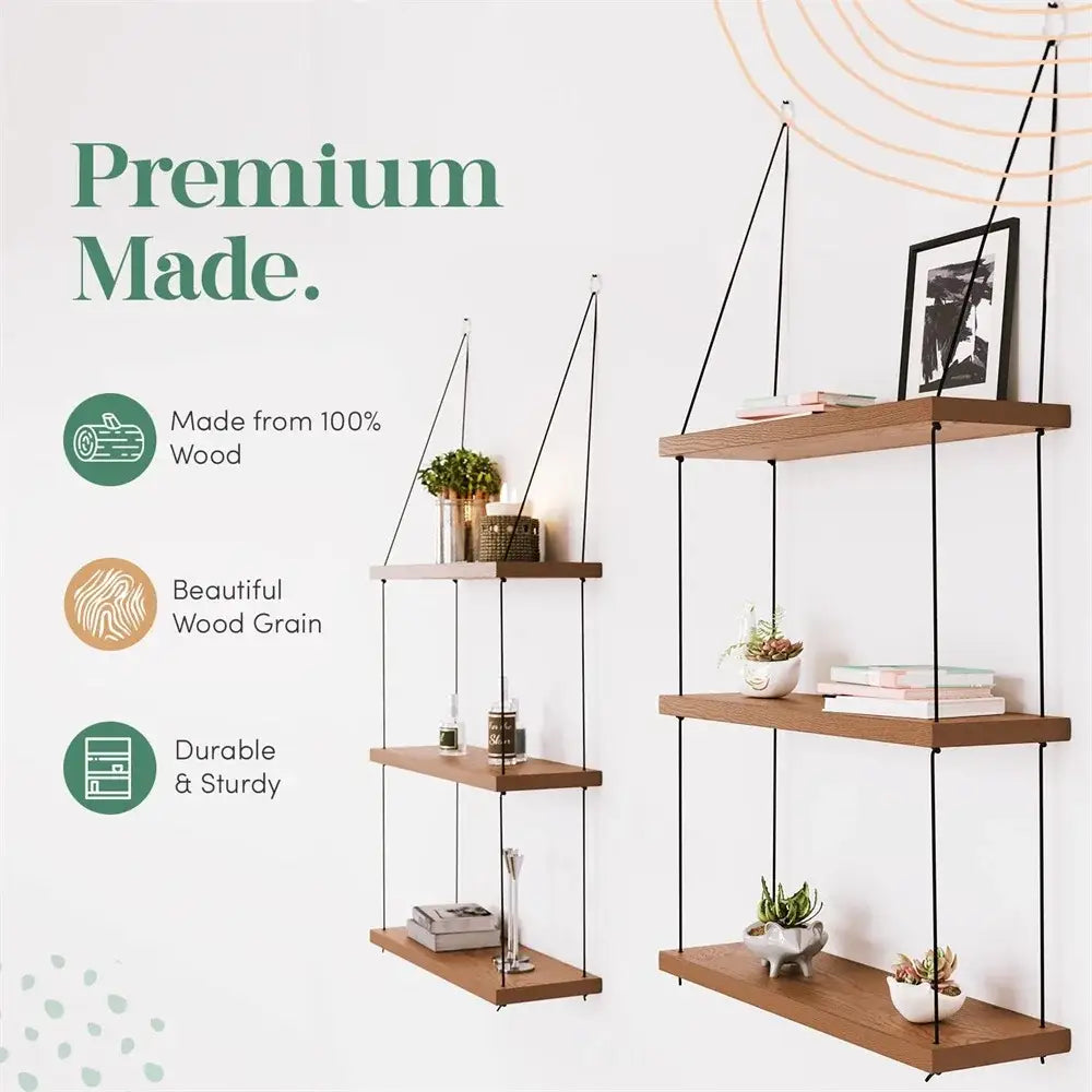 Boho brown wooden 3 tier floating shelf bedroom wall decor