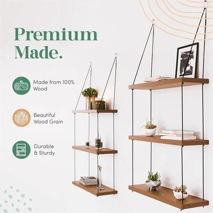 Boho brown wooden 3 tier floating shelf bedroom wall decor