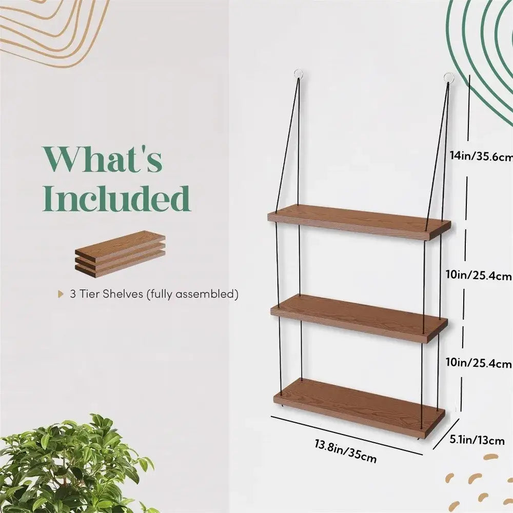 Boho brown wooden 3 tier floating shelf bedroom wall decor