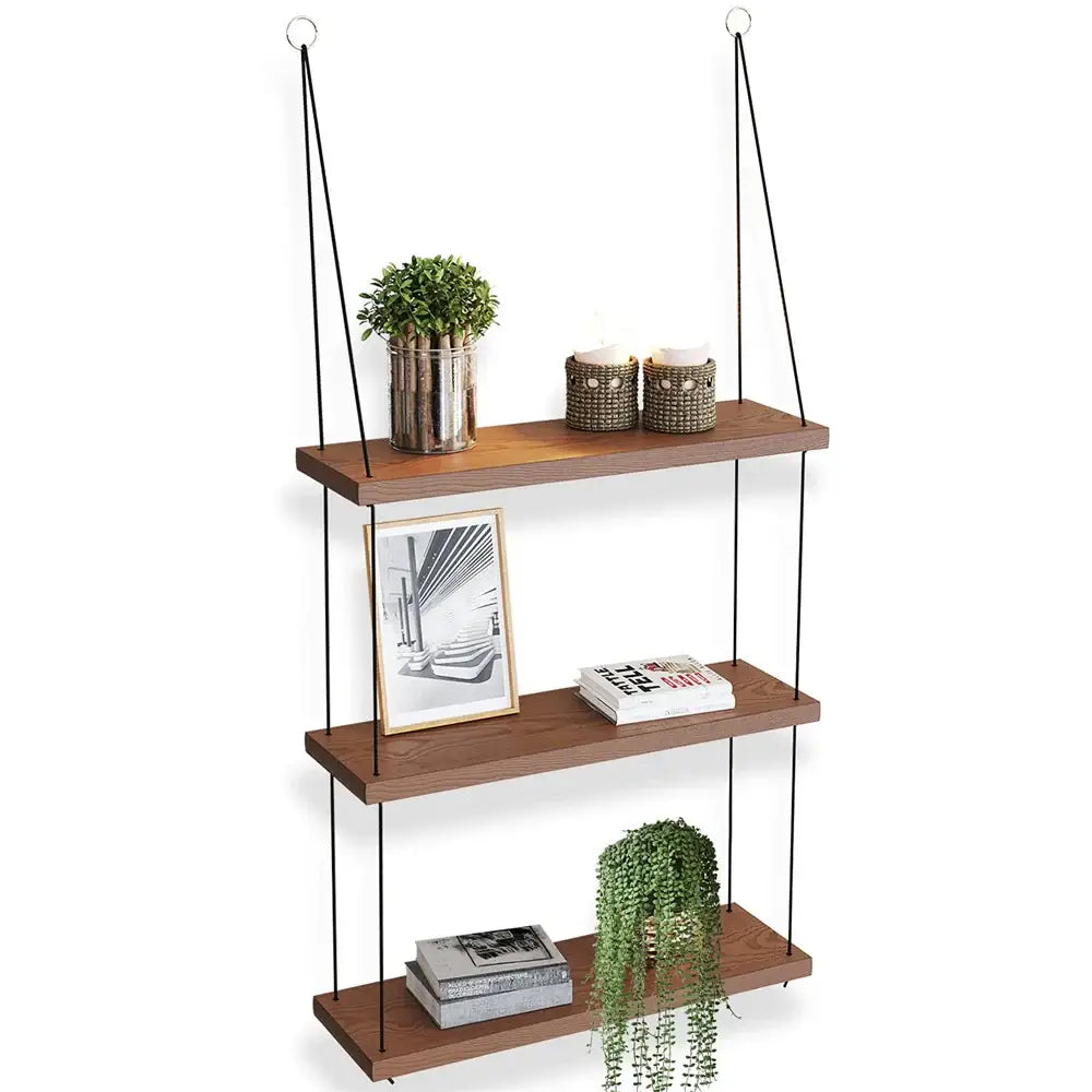 Boho brown wooden 3 tier floating shelf bedroom wall decor