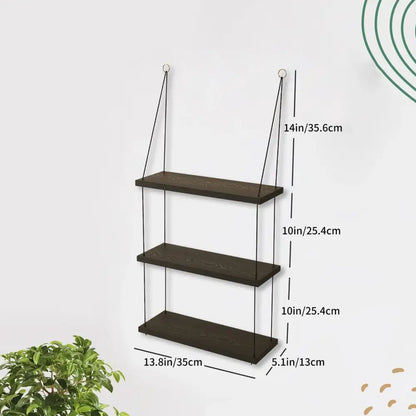Boho brown wooden 3 tier floating shelf bedroom wall decor