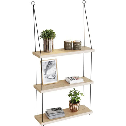 Boho brown wooden 3 tier floating shelf bedroom wall decor