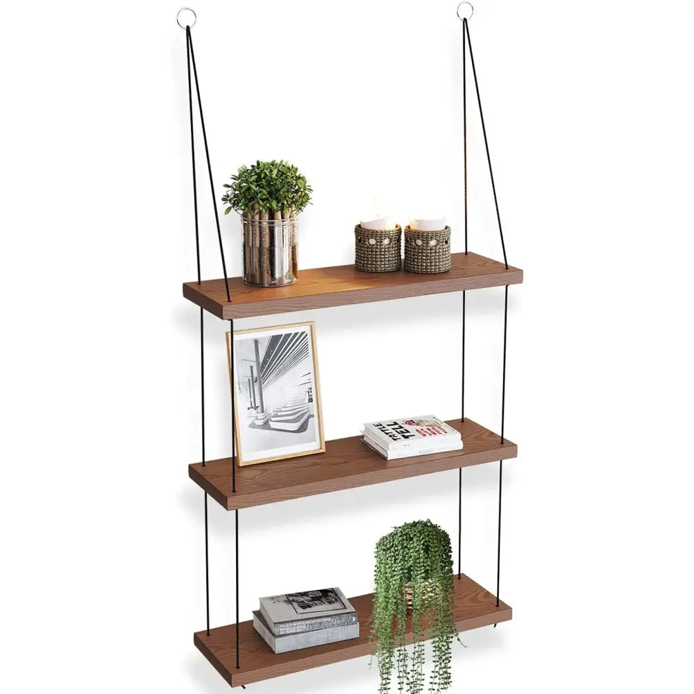 Boho brown wooden 3 tier floating shelf bedroom wall decor
