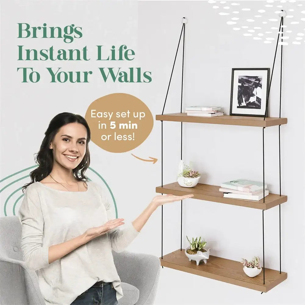 Boho brown wooden 3 tier floating shelf bedroom wall decor