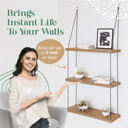 Boho brown wooden 3 tier floating shelf bedroom wall decor