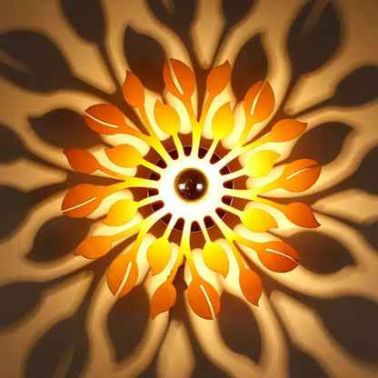 Wooden floral sunburst wall lamp orange & yellow bedroom light