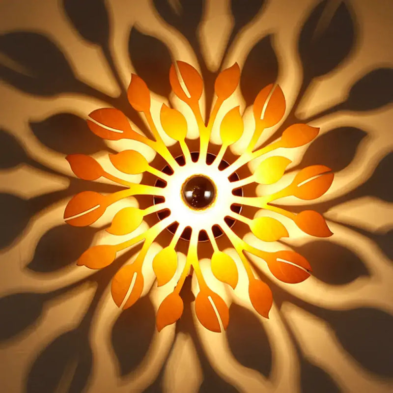 Wooden floral sunburst wall lamp orange & yellow bedroom light