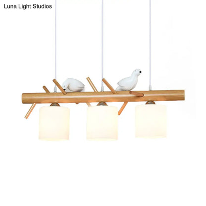 DecorBites™ Wooden Hanging Chandelier with 2/3 Lights, Glass Cylinder Shade and Bird Décor - Ideal for Dining Room or Island Lighting