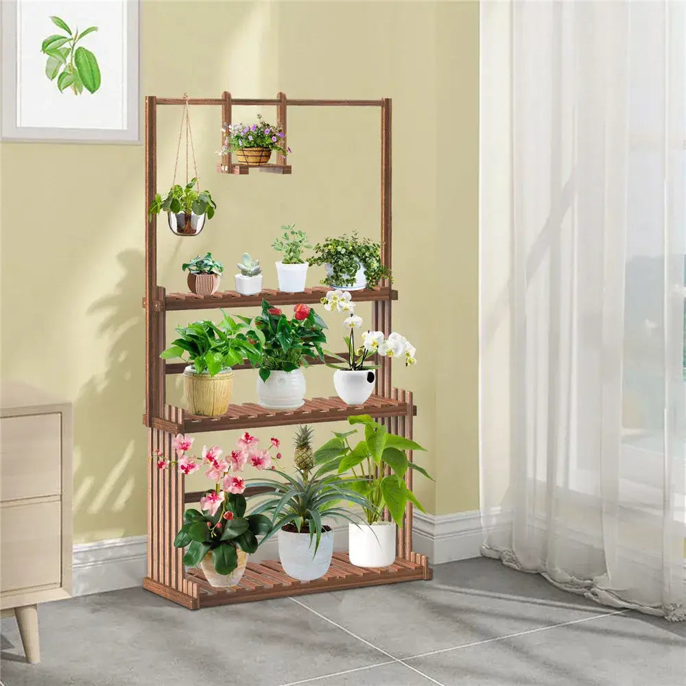 Rustic brown 3 tier wood plant stand living room hanging shelf