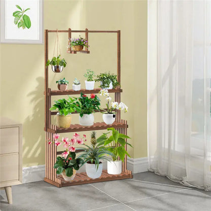 Rustic brown 3 tier wood plant stand living room hanging shelf