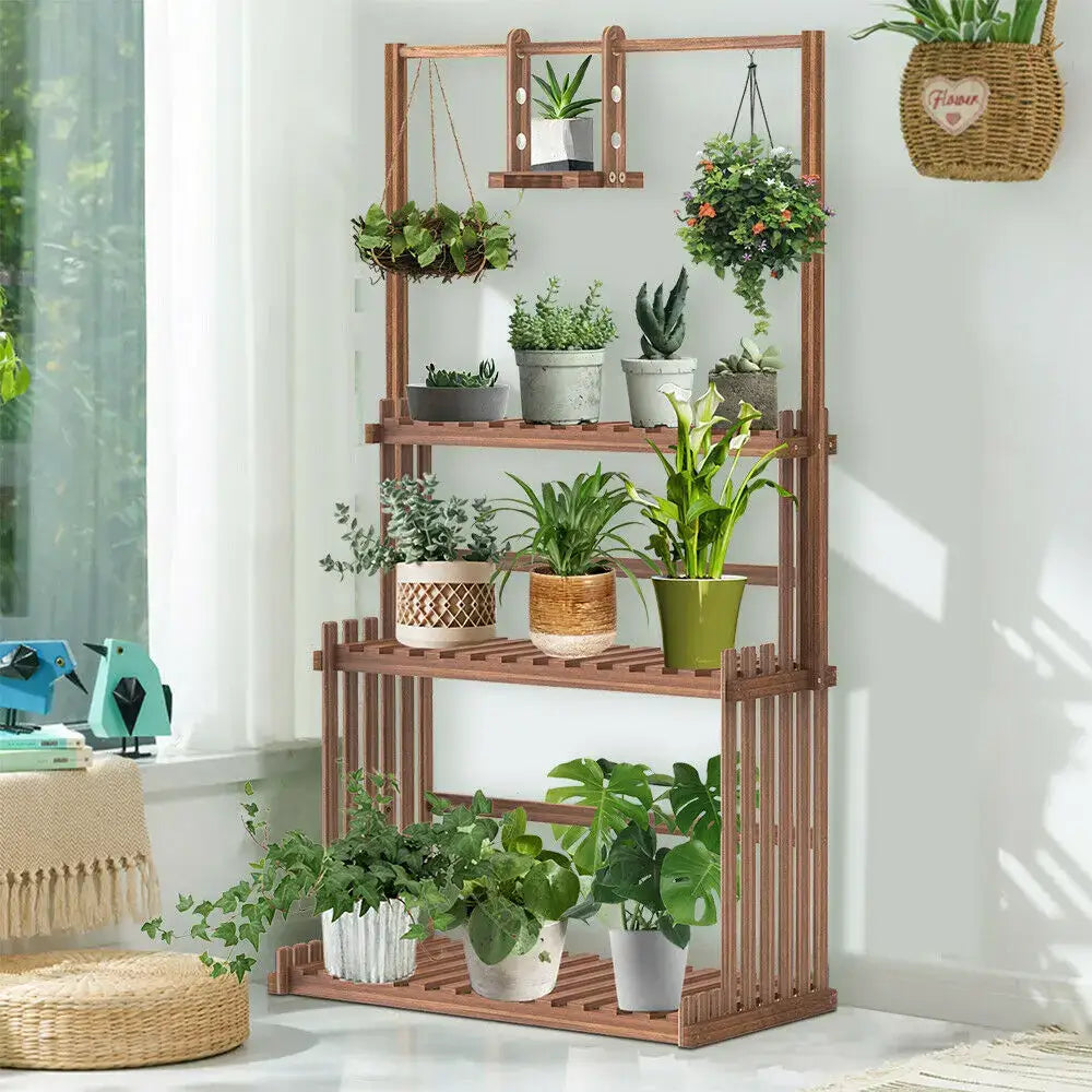 Rustic brown 3 tier wood plant stand living room hanging shelf