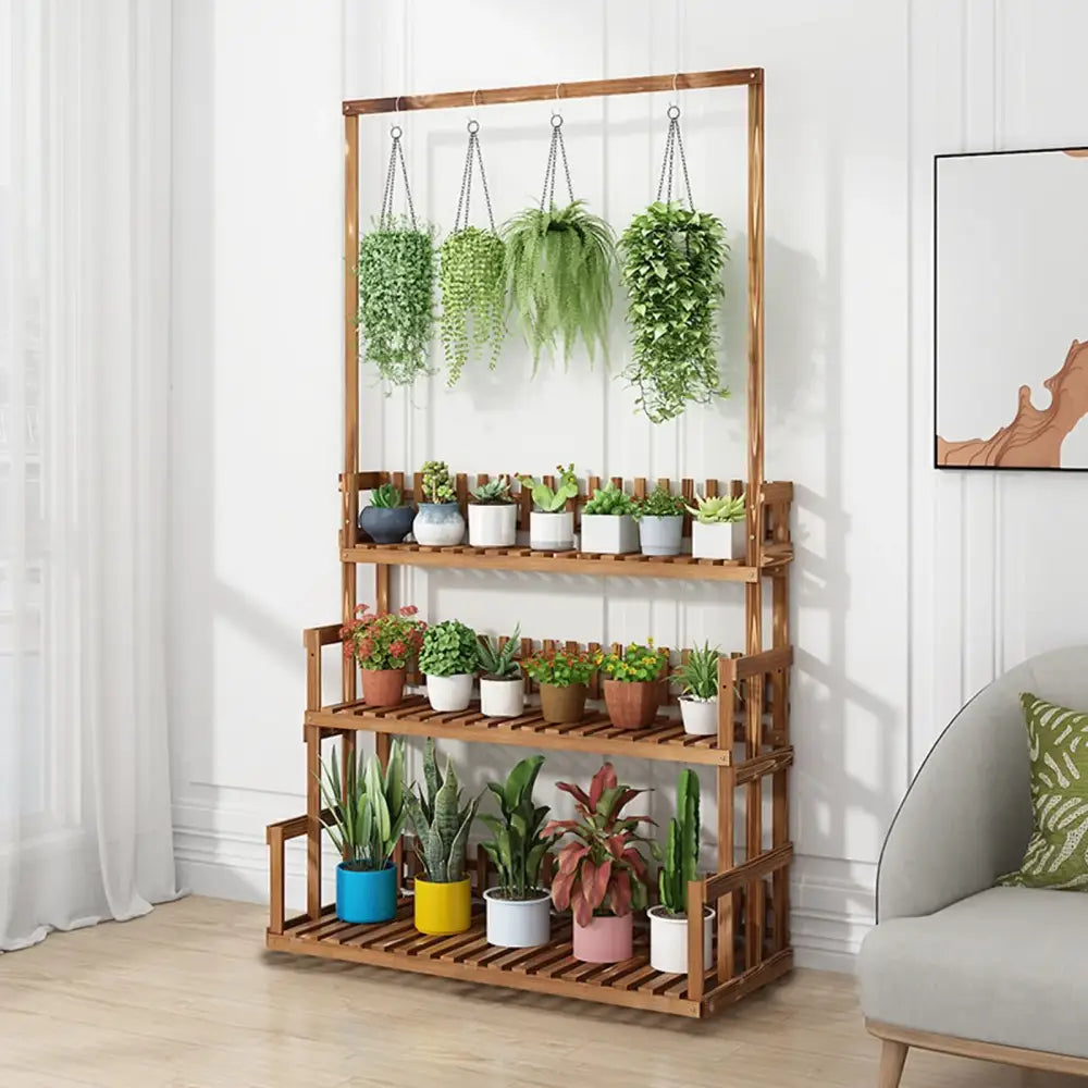 Rustic brown 3 tier wood plant stand living room hanging shelf