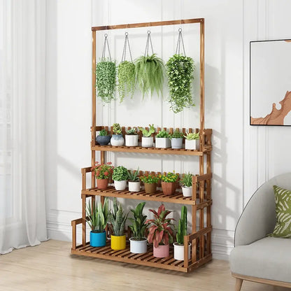 Rustic brown 3 tier wood plant stand living room hanging shelf