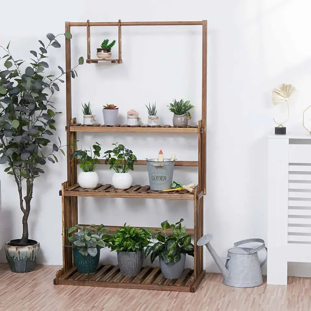 Rustic brown 3 tier wood plant stand living room hanging shelf