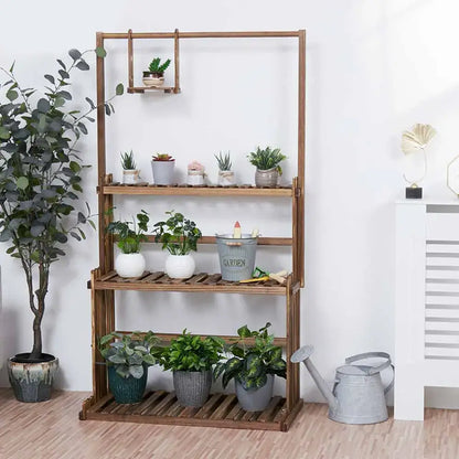 Rustic brown 3 tier wood plant stand living room hanging shelf