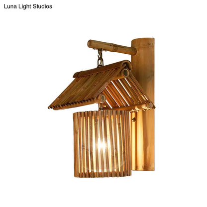 DecorBites™ Wooden House Shaped Wall Light Sconce - Lodge Style Bamboo Lamp for Balcony