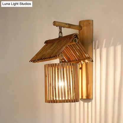 DecorBites™ Wooden House Shaped Wall Light Sconce - Lodge Style Bamboo Lamp for Balcony