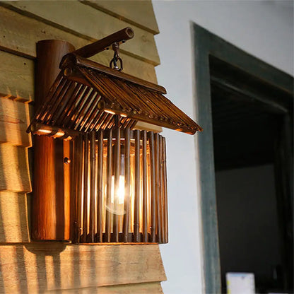 DecorBites™ Wooden House Shaped Wall Light Sconce - Lodge Style Bamboo Lamp for Balcony