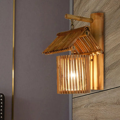 DecorBites™ Wooden House Shaped Wall Light Sconce - Lodge Style Bamboo Lamp for Balcony