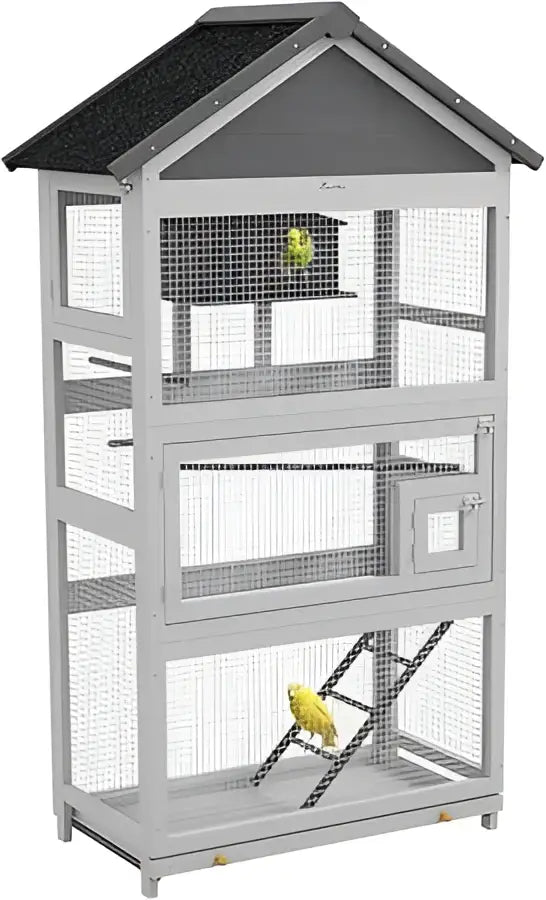 Modern gray wooden bird aviary garden multi level outdoor cage