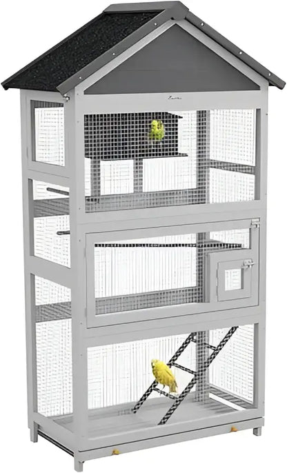 Modern gray wooden bird aviary garden multi level outdoor cage