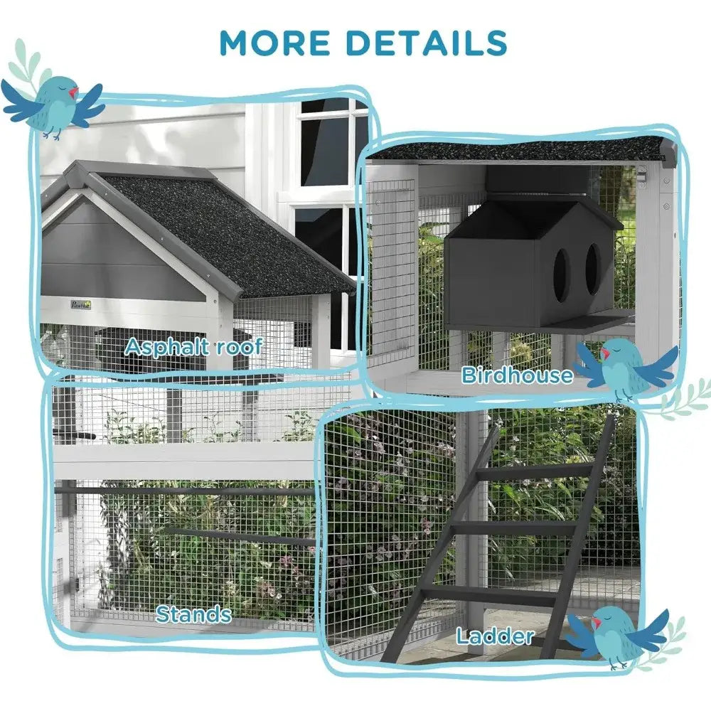 Modern gray wooden bird aviary garden multi level outdoor cage