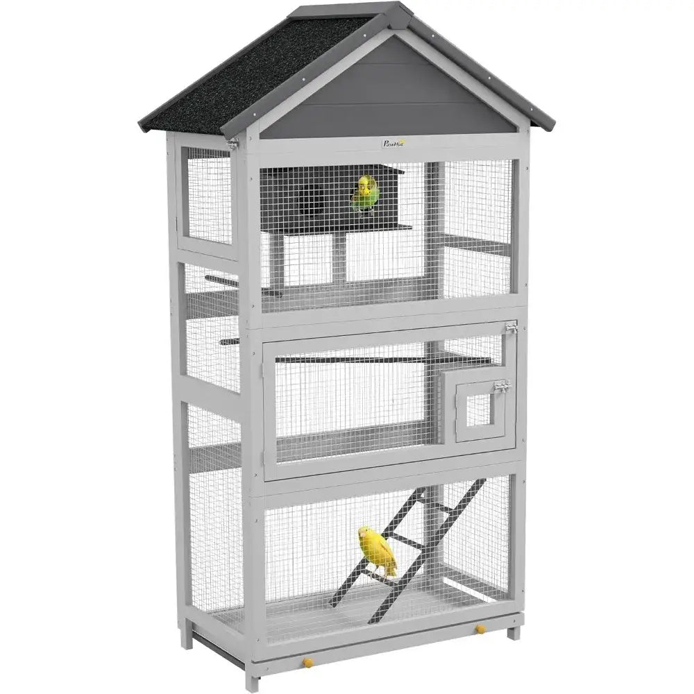 Modern gray wooden bird aviary garden multi level outdoor cage