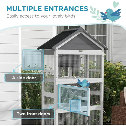 Modern gray wooden bird aviary garden multi level outdoor cage